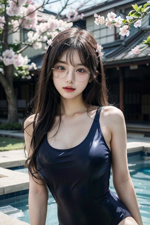 (Best quality, masterpiece, detailed), (RAW, 4k, hd images), 1 girl, , white skin, long hair, ponytail, layers hair, bangs, black hair, beautiful girl, cute girl, sweet girl, pretty girl, perfect girl, perfect body, pretty eyes, blue eyes, thin lips, (eye line, lip soft), perfect round breast, glasses(detailed frame), simple background, smile, thigh, legs, ruffle, full body,l cleavage, free style pose, random angle capture