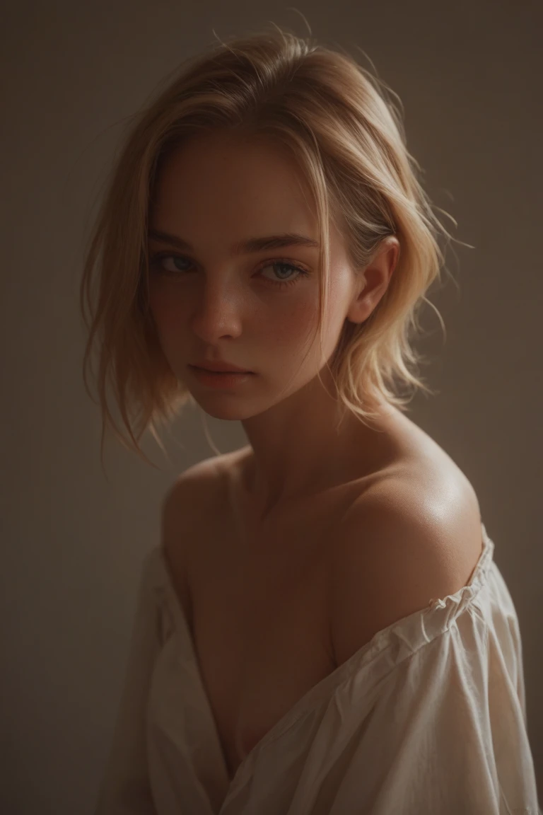 18 year old girl with short blonde hair, cute, pretty, crock top, focus on face