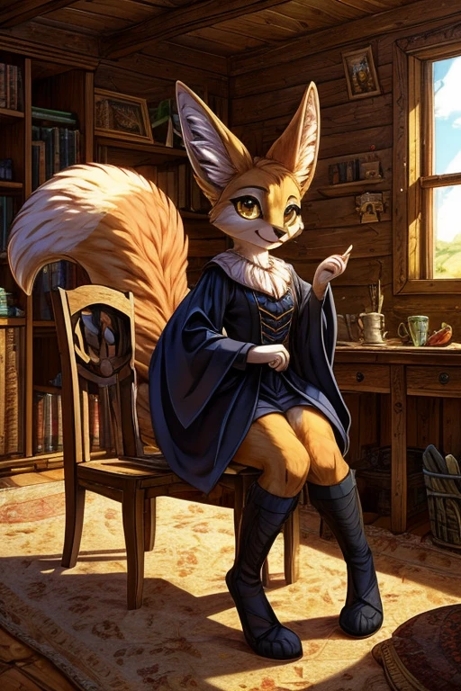 uploaded the e621, beautiful and detailed, woman (((female))) ((anthro)) Fox, (Averi, Fox girl), cinematic lighting, Fox, (anthro, fluffy fur), anthro fox girl, body fur, curvy, sexy, nice, cute, hot, comfortable anime-style cartoon-style, digital drawing, SFW, flat chest, nervous smile, sassy, sassy hips, smug, fangs, green eyes, looking at viewer, inside of a castle, library, book shelves, spider webs, flag, wooden door, red mat, tilted head, leaning sideways, wizard hat, striped thigh highs, cape, holding fireball in hand, fireball, fire magic