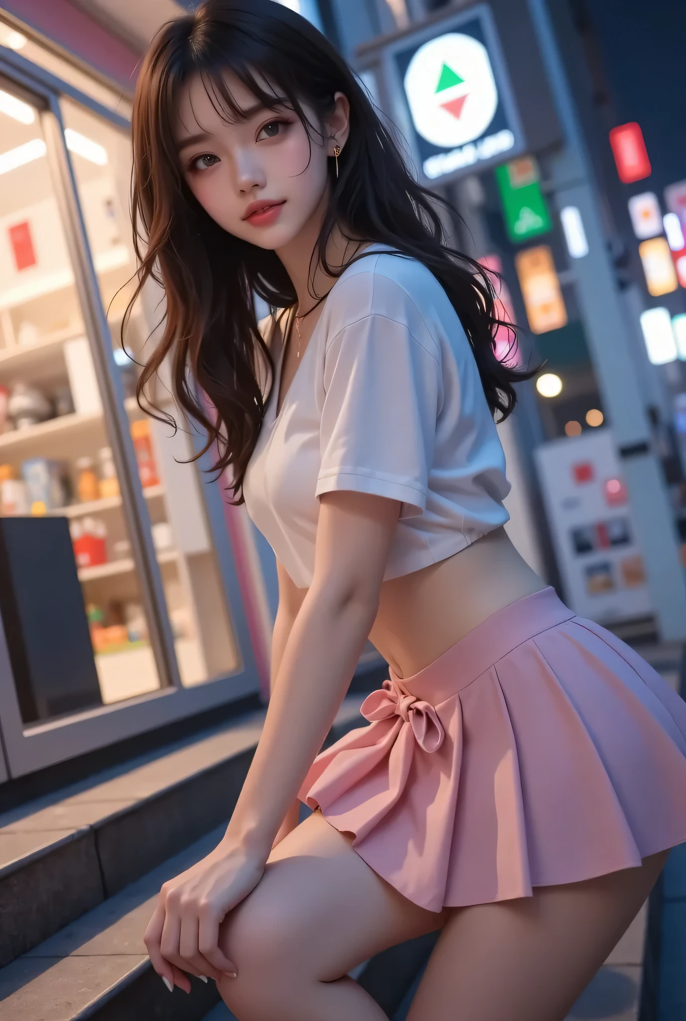 ((((long hair))))、((((black hair))))、highest quality、8K、HDR、High resolution、background blur、photograph、(intricate details:1.2)、1 girl、solo、japanese girl、beautiful girl、((((medium breasts)))、Perfect for your skin、long eyes、detailed pupil、(pink high neck knit、pink leather skirt、pink high heels、off shoulder)、roof of the building、colorful lights、((night))、hair fluttering、Translucency、squat down holding your legs、View from above(beholder)<