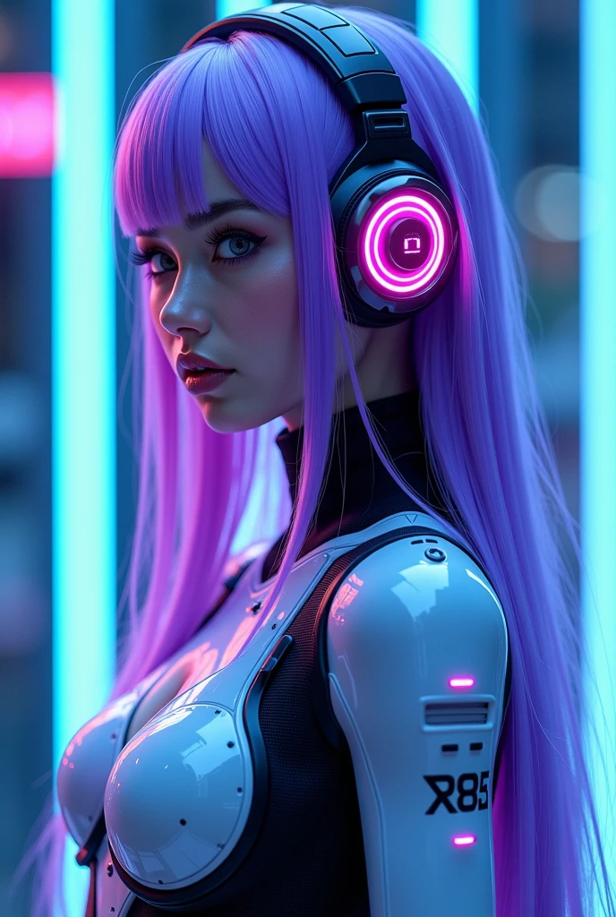 L Korean purple hair butterfly woman with headphone singing in laboratory with scientist outfitwith scientist outfit