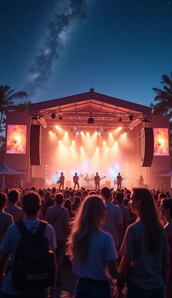  music festival ,精美绝伦的 music festival 现场,People Gathering,musicians play,Various musical instrument ensembles,dazzling stage lighting, deep night sky ,Starry sky ,quiet and peaceful atmosphere,professional grade high-definition photography,super realistic,Extreme Details,Excellent quality,4K high resolution,HDR High Dynamic Range,Professional studio shooting,Realistic and vivid,lively,Colorful,Dreamy and charming的氛围,warm colors,Dreamy and charming