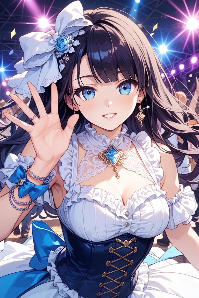Sagisawa Fumika, 1 girl, One, look, pendant look, Blue eyes, breast, gloves, a tiara, dress, long hair, split, I look at the viewer, white gloves, bare shoulders, open mouth, large breast, without straps, Necklace, blush, white dress, black hair, Brown hair, hair between eyes, without straps dress, clavicle, smile, bang, on stage.
