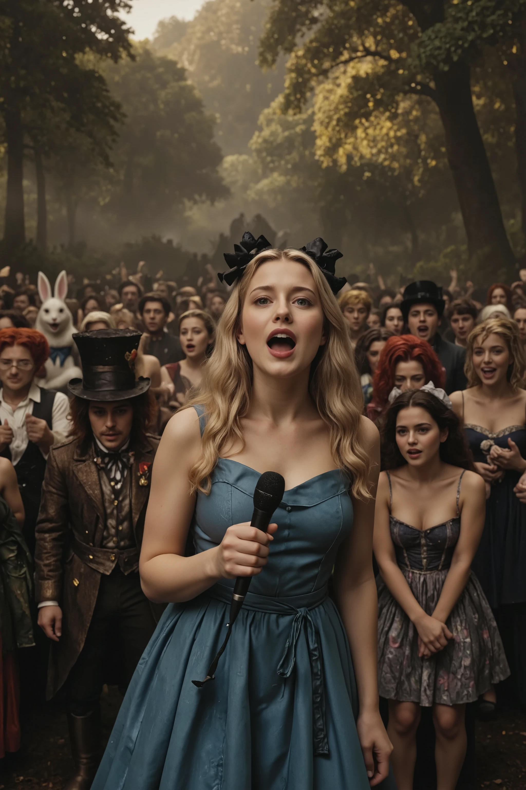 Alice is singing passionately on stage.,
antqgldnCE style, Pussy, aliceinwonderland,
nsfw,
for Adult,
Photorealism,
((A scene from a live-action movie)),
Incredibly detailed,
19th century photo, antique photo, sepia toned photo, 

Alice has straight blonde hair that reaches her shoulders,
Alice has blue eyes,
Alice has a black ribbon hair ornament,
Alice is wearing a blue knee-length dress with buff sleeves,

At the Wonderland Music Festival,
Alice is singing passionately on a special stage set up in the forest,
while the Wonderland residents in the audience cheer wildly in excitement,
The audience included the White Rabbit, the Dormouse, the Hatter,
the Cheshire Cat, the Caterpillar, the Griffin,
the Queen and King of Hearts, the Card Soldiers,