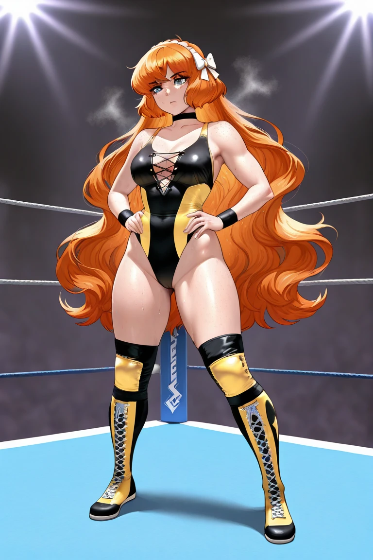 WALLPAPER, detailed background, front shot, pov, (wrestling stage, (crawling on four, crawling, hands on the floor), wrestling ring, turnbuckles, spectators, watchers, fans), masterpiece, 8k, best quality, 1girl, solo, nami \(one piece\), 1girl, (detailed arms, strong arms, defined athlete body, stomach, left armband, thighs, seductive, plain black wrestling bikini, open mouth, wrestling boots), bangs, bare shoulders, medium breasts, sharp eyes, brown eyes, , cleavage, earrings, floating hair, groin, medium breasts, long hair, looking at viewer, orange hair, shoulder tattoo, solo, stomach, tattoo