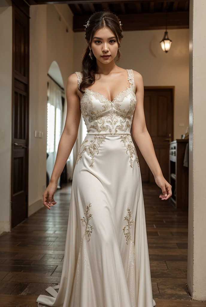 beautiful girl with a confident expression on her face, soft lighting, Artistic style of oil painting, bright colors, high contrast, dynamic composition, captivating gaze, thin smile, graceful pose, calming background, elegant and graceful movements, Impeccable attention to detail, thin strokes, intricate patterns, Long flowing dress, Delicate lace accents, exquisite jewelry, Sparkling Gemstones, realistic rendering, Strong emotion, feminine charm, mysterious aura, timeless beauty.