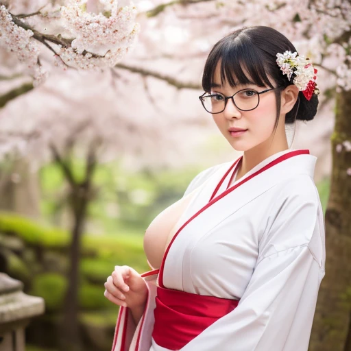 (masterpiece, highest quality, High resolution,8k), Beautiful 15 year old Japanese shrine maiden, Wear glasses, beautiful black hair, Wear glasses, big breasts, cleavage,Peaceful realistic Japanese shrine in a forest with cherry blossoms in full bloom, cowboy shot