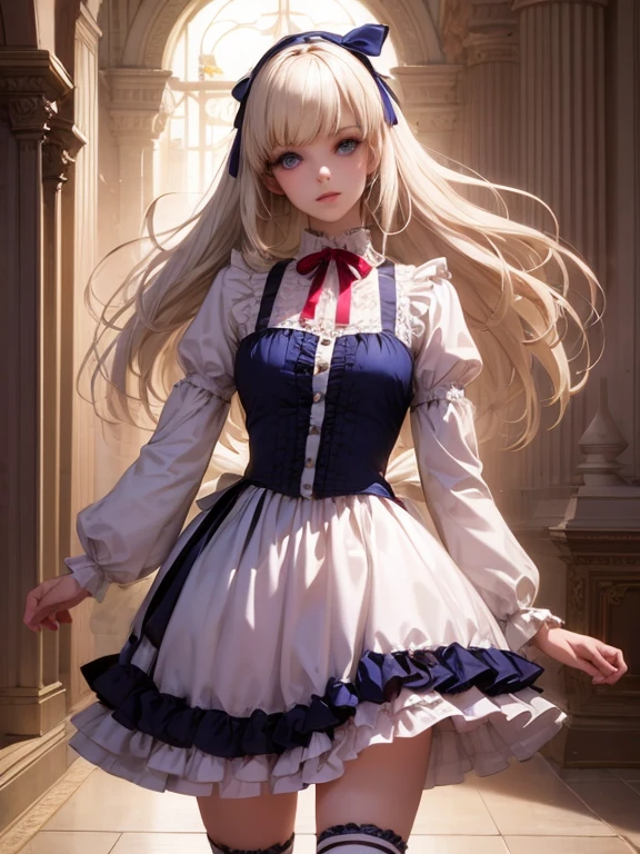 Platinum blonde hair, blue eyes, Realistic eyes, Cute girl, Ribbon on head, She is wearing a pretty dress with frills and ribbons, [Knee-high socks], Standing, Lovely, best quality, high details, high quality, masterpiece 