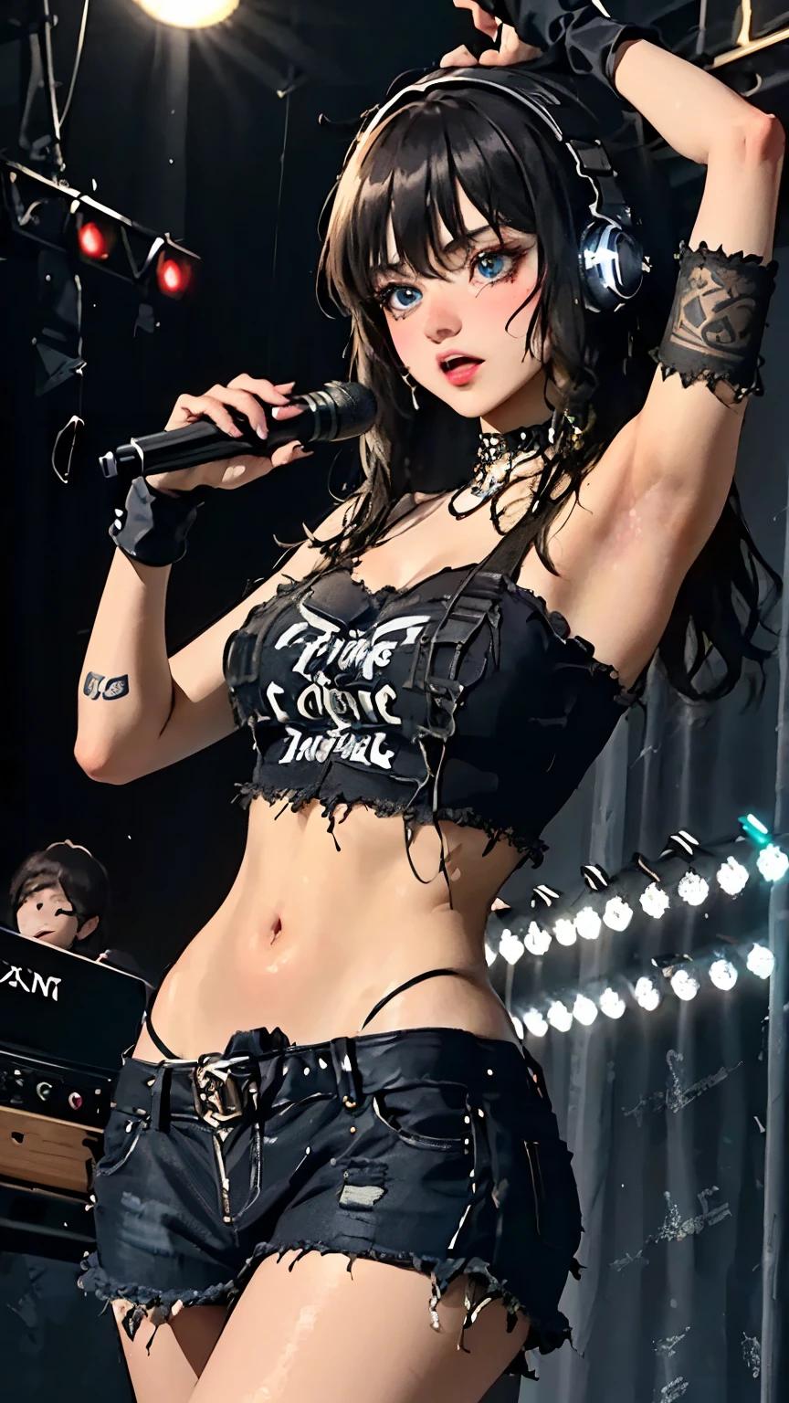 (Top quality, masterpiece, 8k), (Realistic skin texture), (anime coloring), very detailed, perfect face, beautiful eyes, perfect eyes, detailed eyes, feature large highlight, detailed face, ultra-detailed, detailed eyes, symmetrical eyes, (expressionless), Sharp details, (several women), (medium breasts:1.2), Photorealistic perfect body, (Music Festival, DJ, Street Fashion, Large Crowd, Neon Lights, Stage, Turntables, Fog Machines, LED Lights, Energetic, Urban, Trendy, Dancing, Hands Up, Festival Attire, Cool Expression, Dynamic Dutch Angle, Bright Colors, Nighttime, Electric Atmosphere, Crowd Enjoyment, Modern DJ Equipment)