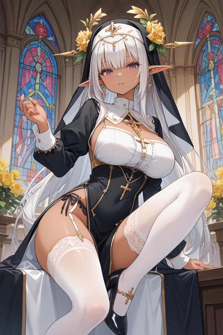 Alone, female, by white, blue eyes, clean hair, very , Mexican costume, juicy stockings, showing thighs, Session, gentle smile, mexican church,  psychologist, sofa, White skin, flirtatious, opening your legs, opening the vagina, nakose up, lips, warm light, notepad, dialog box, more vignettes, Zoom in on the vagina, semen,