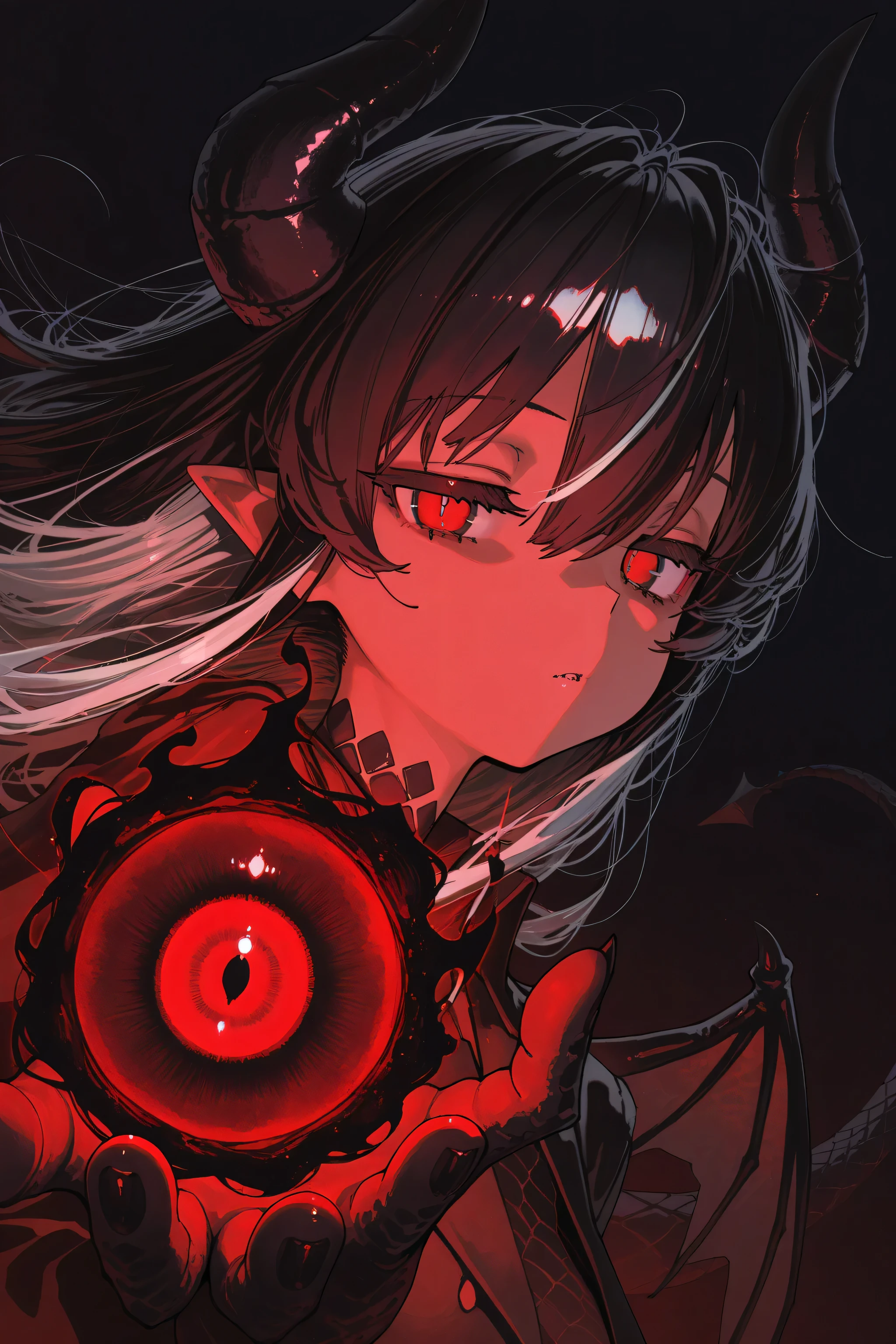 kmj-anonstyle, [artist:yoneyama mai], [artist:kanzarin], [artist: ekrea_jan], masterpiece,best quality,amazing quality, 748cmstyle, solo, eye focus, masterpiece, best quality, dramatic lighting, refraction, rim lights, backlighting, bloom, dark, shaded, black background, abstract background, BREAK john kafka, dino \(dinoartforame\), shiokonbu, ayagi daifuku, (betabeet, lam \(ramdayo\),torisan:0.25), red theme, white highlights, BREAK 1girl, dragon girl, monster girl, black scales, [black horns | demon horns], [dragon wings | mini wings], dragon tail, red eyes, pointy ears, black hair, (purple hair, red hair:0.25), long hair, messy hair, hair between eyes, fanged bangs, jitome, doyagao,, magic, black fire, upper body, from side, perspective, dutch angle, looking at viewer, close-up, face focus,
