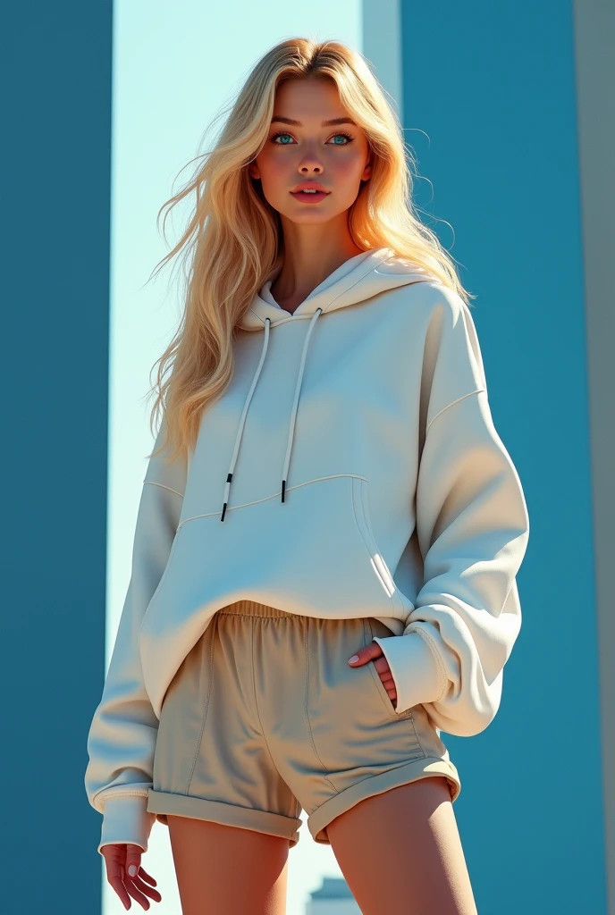 A beautiful human like blonde white girl with blue Wearing an oversized hoodie, ripped jeans, sneakers and sun glasses 