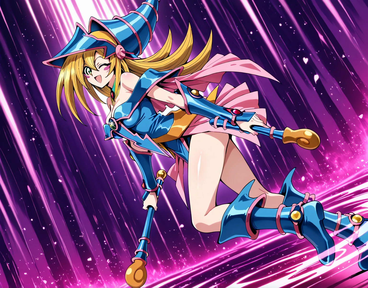 (masterpiece, best quality:1.2), 1girl, solo, long black hair, thigh strap, red eyes, holding wand, black clothes, eyeliner, cleavage, anime, floating, DMGC