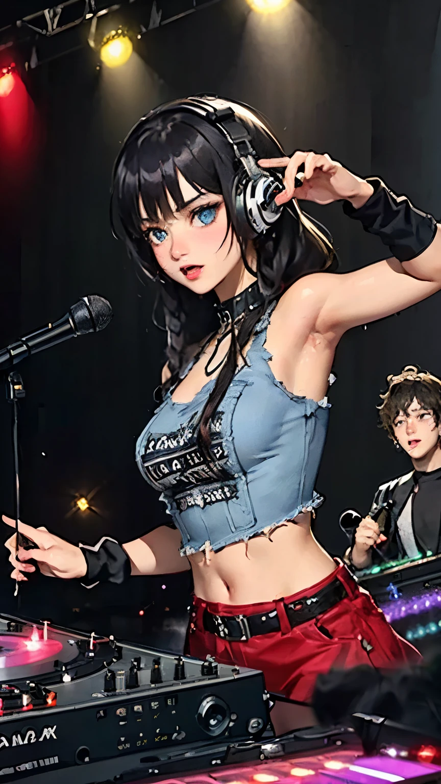 (Top quality, masterpiece, 8k), (Realistic skin texture), (anime coloring), very detailed, perfect face, beautiful eyes, perfect eyes, detailed eyes, feature large highlight, detailed face, ultra-detailed, detailed eyes, symmetrical eyes, (expressionless), Sharp details, (3 girls), (medium breasts:1.2), Photo realistic, perfect body, (Music Festival, DJ, Street Fashion, Large Crowd, Neon Lights, Stage, Turntables, Fog Machines, LED Lights, Energetic, Urban, Trendy, Dancing, Hands Up, Festival Attire, Cool Expression, Dynamic Dutch Angle, Bright Colors, Nighttime, Electric Atmosphere, Crowd Enjoyment, Modern DJ Equipment)