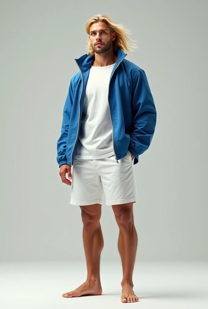 White young man, 18 years old, low taper fade haircut, blonde hair, blue eyes fixed, intense gaze, affiliated features, no facial hair, height 1.93, weight 96 kg, aesthetic muscular build, broad shoulders, V-shaped body, full body focus, completely hairless,