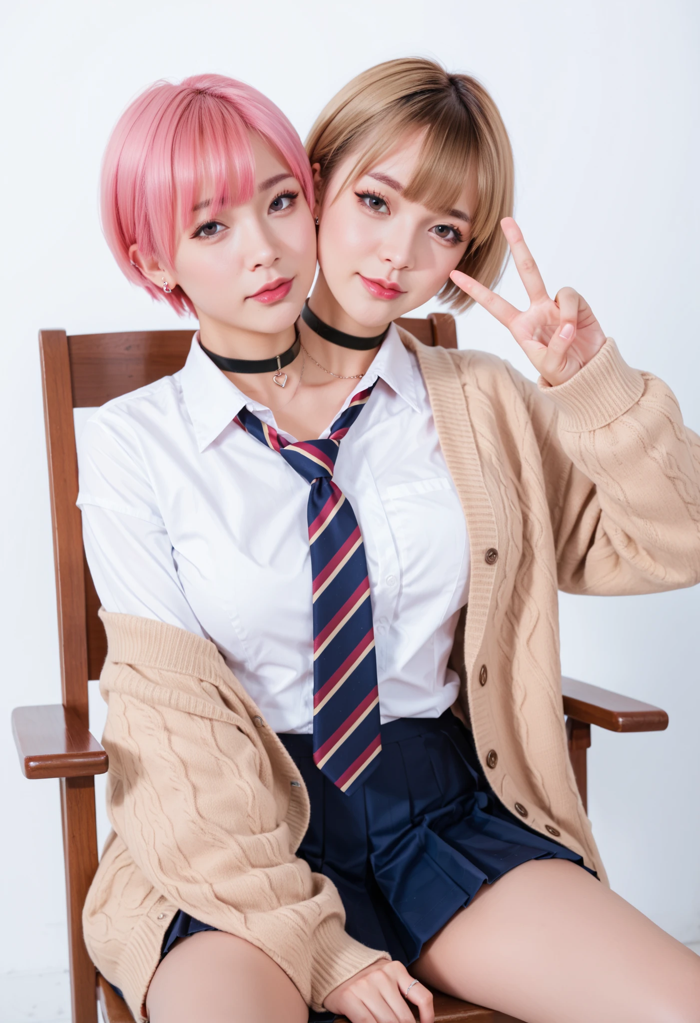 fullbody shot, realism, best resolution,different facial expressions, ,different haircolors, pink hair, blonde hair, big chest,2japanese women with two heads, conjoined, different face-shapes, different eyebrow thickness, different hair-lengths, wavy long hair, short hair, pixie cut, short hair-bangs, no fringe, forehead, choker,sitting on arm chair, legs apart, school college uniform, striped tie, beige cardigan, pleated skirt ,stockings, ear piercings, peace sign
