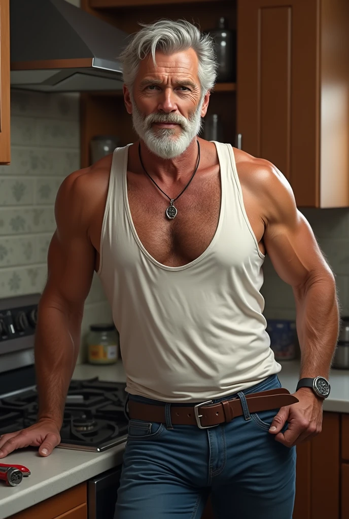 Bare-chested superhero chef, extremely old, over 80 years old, very muscular, of more than 200 kg, Nordic bare-chested, large flabby and sagging pecs, huge brown nipples with brass rings, very long gray hair and big gray mustaches with huge tattooed arms in a kitchen with white pants and a white chef&#39;s boss 