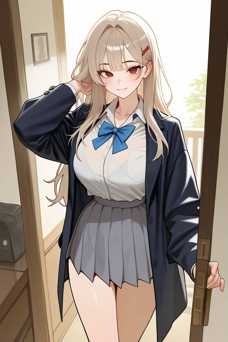 ((1 girl:1.5))、(smile:1.5)、、（cowboy shot）、(fun!!)、(white cardigan:1.5)、(dog ears)、(silver hair)、blush、(long hair)、(eye highlights:1.3)、blake black shoes,(黒いskirt:1.5)、bow, button, shirt with collar, long sleeve,  ((red bow tie, ,, white shirt, チェック柄のskirt:1.5、white socks)),, shirt,, skirt, socks, thighs, white shirt, Rest indoors, ((classroom:1.5))、 BREAK while watching the audience、 (perfect hands, perfect ???????),cowboy shot、(skirtlift:1.3),(highly detailed white panties:1.3)、(highly detailed panties:1.3)、、(skirt that rolls up:1.3)、(fully exposed panties:1.5)、light blue eyes