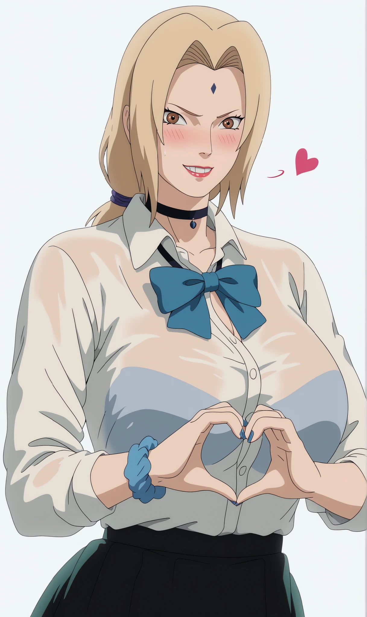1girl, solo, Tsunade_Senju's/Boruto, She's a tall and Busty woman who has Waist-length hair, Blonde hair, Tied-Down Hairstyle, Brown Eyes, wearing Glassess, Embarrassed, Shy, smirk, Bedroom eyes, Hot, Sweating, breasts, looking at viewer, blush, smile, bangs, Beauty eyes, skirt, ((large breasts : 3.6)), simple background, shirt, long sleeves, white background, bow, ribbon, Hyper cleavage, Round Veiny Breasts, Wet hair, Open-up school uniform, white shirt, heart, pleated skirt, teeth, choker, collared shirt, bowtie, black skirt, nail polish, grin, dress shirt, black choker, blue bow, scrunchie, blue nails, blue bowtie, shirt tucked in, heart hands, wrist scrunchie, best quality,masterpiece,amazing quality,very aesthetic,high resolution,ultra-detailed,,depth of field,volumetric lighting ,highly detailed,best quality,8k,best quality, very aesthetic, ultra-detailed, newest,BREAK, depth of field, masterpiece, amazing quality, high resolution, absurdres, newest,noona,manhwa,DBL,Baddie, nude_thighhighs, black_background, simple_background, mature_female
