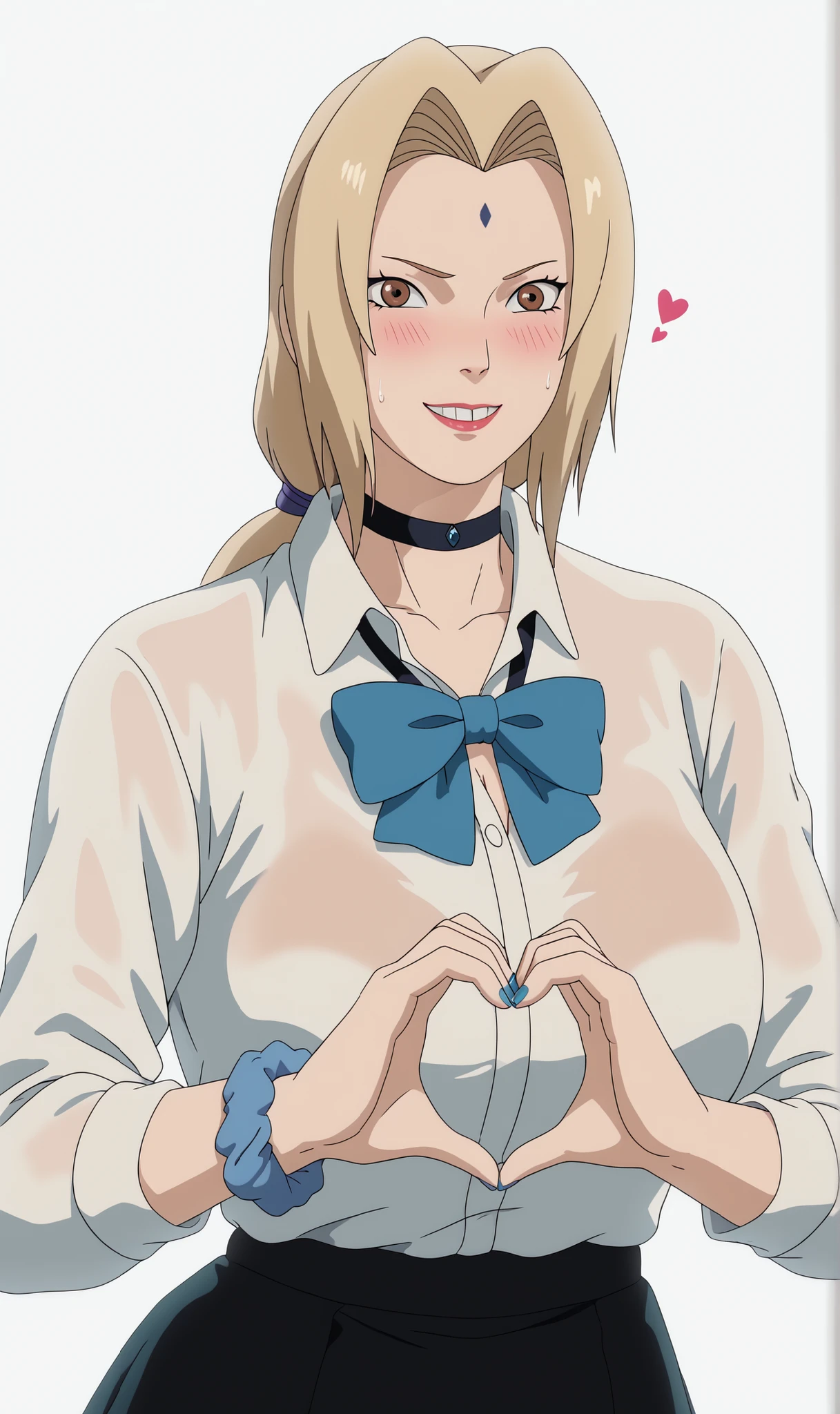 1girl, solo, Tsunade_Senju's/Boruto, She's a tall and Busty woman who has Waist-length hair, Blonde hair, Tied-Down Hairstyle, Brown Eyes, wearing Glassess, Embarrassed, Shy, smirk, Bedroom eyes, Hot, Sweating, breasts, looking at viewer, blush, smile, bangs, Beauty eyes, skirt, ((large breasts : 3.6)), simple background, shirt, long sleeves, white background, bow, ribbon, Hyper cleavage, Round Veiny Breasts, Wet hair, Open-up school uniform, white shirt, heart, pleated skirt, teeth, choker, collared shirt, bowtie, black skirt, nail polish, grin, dress shirt, black choker, blue bow, scrunchie, blue nails, blue bowtie, shirt tucked in, heart hands, wrist scrunchie, best quality,masterpiece,amazing quality,very aesthetic,high resolution,ultra-detailed,,depth of field,volumetric lighting ,highly detailed,best quality,8k,best quality, very aesthetic, ultra-detailed, newest,BREAK, depth of field, masterpiece, amazing quality, high resolution, absurdres, newest,noona,manhwa,DBL,Baddie, nude_thighhighs, black_background, simple_background, mature_female