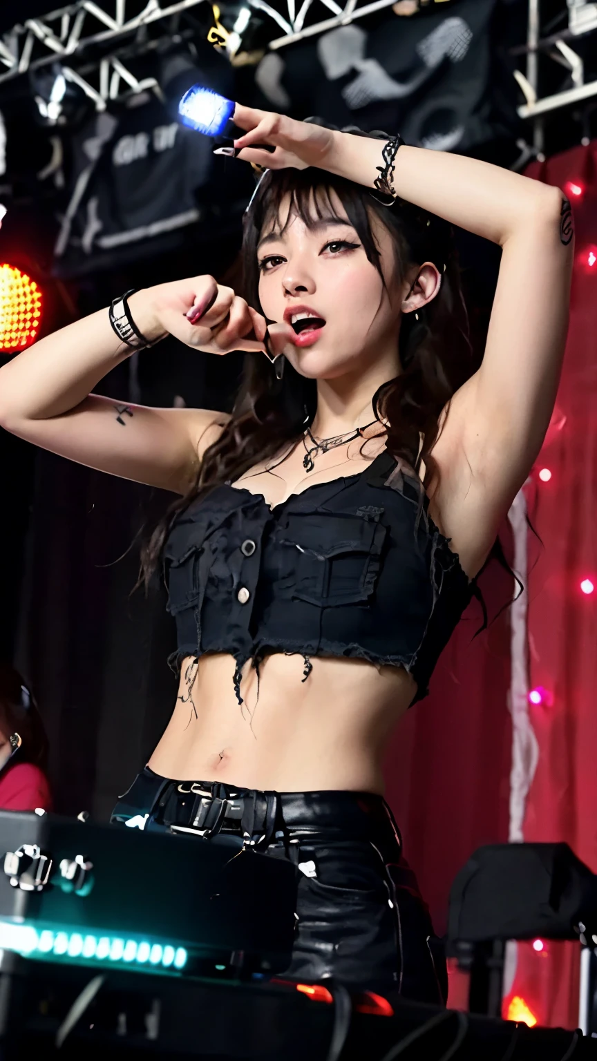 (Top quality, masterpiece, 8k), (Realistic skin texture), very detailed, perfect face, beautiful eyes, perfect eyes, detailed eyes, feature large highlight, detailed face, ultra-detailed, detailed eyes, symmetrical eyes, (expressionless), Sharp details, (2 girls), (medium breasts:1.2), Photo realistic, perfect body, (Music Festival, DJ, Street Fashion, Large Crowd, Neon Lights, Stage, Turntables, Fog Machines, LED Lights, Energetic, Urban, Trendy, Dancing, Hands Up, Festival Attire, Cool Expression, Dynamic Dutch Angle, Bright Colors, Nighttime, Electric Atmosphere, Crowd Enjoyment, Modern DJ Equipment)