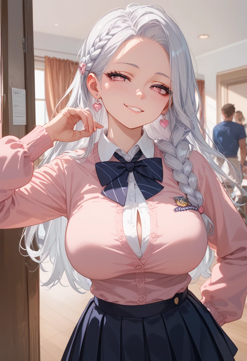 小さなgirl、The arrival of spring、Thick thighs、 (alone:1.5,)Very detailed,Bright colors, Very beautiful detailed anime faces and eyes, Look straight ahead, ;d, Shiny_skin,girl, ((Silver long hair,The inner color is red 、Study Room、Forehead is exposed.、Green Eyes、Glasses、Shiny hair, Delicate beautiful face, blush、(Turquoise Eyes), White skin, Valletta, Earrings,、blue flower field、(((Star pattern pink、See-through、Pink Blouse、See-through、Wearing a leotard)))、Twin tails、smile、smile、Face dyed red