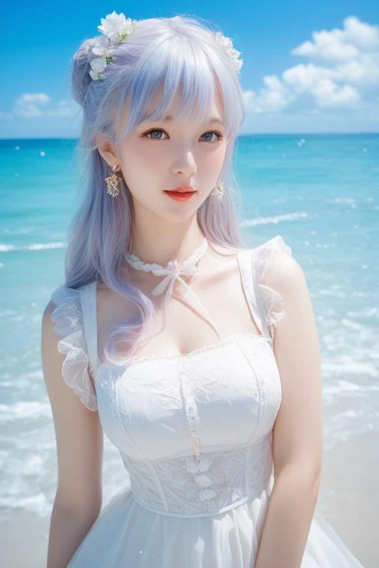 a close-up of a person holding an ice cream cone, sweet girl, woman with wavy silver hair, bangs, light blue eyes, red lips, tender green dress,