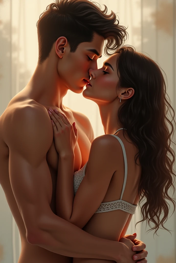 a girl with light brown skin, green eyes and curly brown hair dressed in a pink leotard, WHITE SOCKS, while a muscular and handsome guy with dark blue eyes and raven hair kisses her grabbing her boobs with mirrors around them