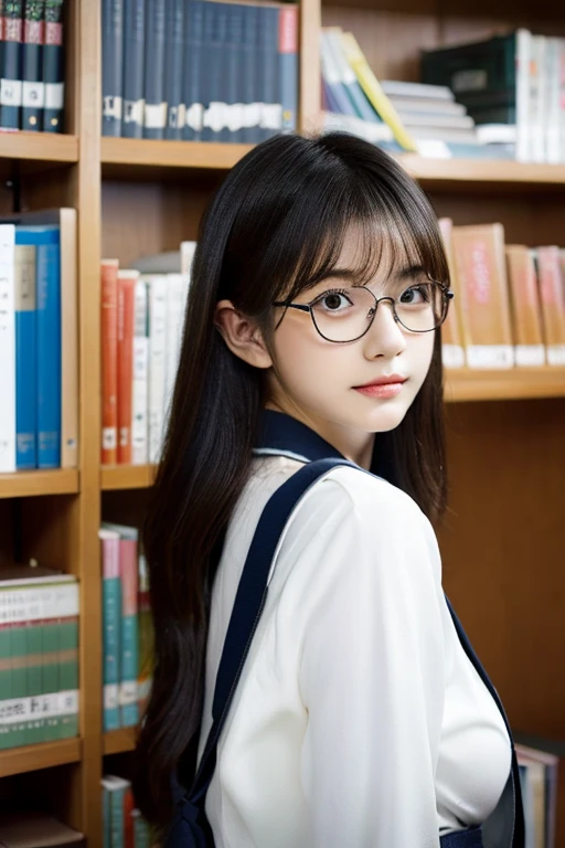 Produce the highest quality and highest resolution 8K images。Please draw a 20-year-old Japanese woman studying in a library.。She has brown eyes and wears stylish glasses.。Model-worthy style、She has an idol-level cute face.。Her hair is in a bun.。The skin is、It is a natural skin color。What to wear、Wearing stylish short-sleeved clothing。