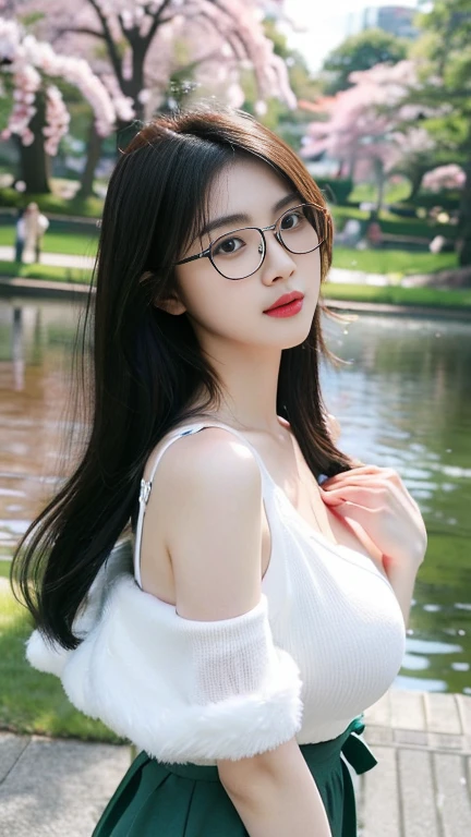 (highest quality,8k,RAW Photos,Realistic,High resolution:1.2),(Cute Japanese Girl),(Huge breasts:1.20), Always wears glasses,  Beautiful long black hair, Big Breasts ,Very large breasts, Big Tits,超Big Breasts,  Very large soft saggy breasts, J Cup, Very large breasts, Sexy Body, Small waist,  18-year-old, Feminine and neat early summer outfit, Beautiful park with a pond, Japanese Idols, Pro Shot