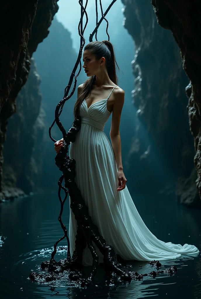 a sacrificial virgin woman, distressed expression, flower body decorations, beautiful detailed face and eyes, long eyelashes, airy sheer white dress, chained ankles, on a sacrificial nook on a cliffside, an eldritch beast with a slime blob body and many mouths approaching, dramatic lighting, dark moody atmosphere, cinematic composition, fantasy, dark fantasy art, muted color palette, chiaroscuro lighting, photorealistic, highly detailed, masterpiece