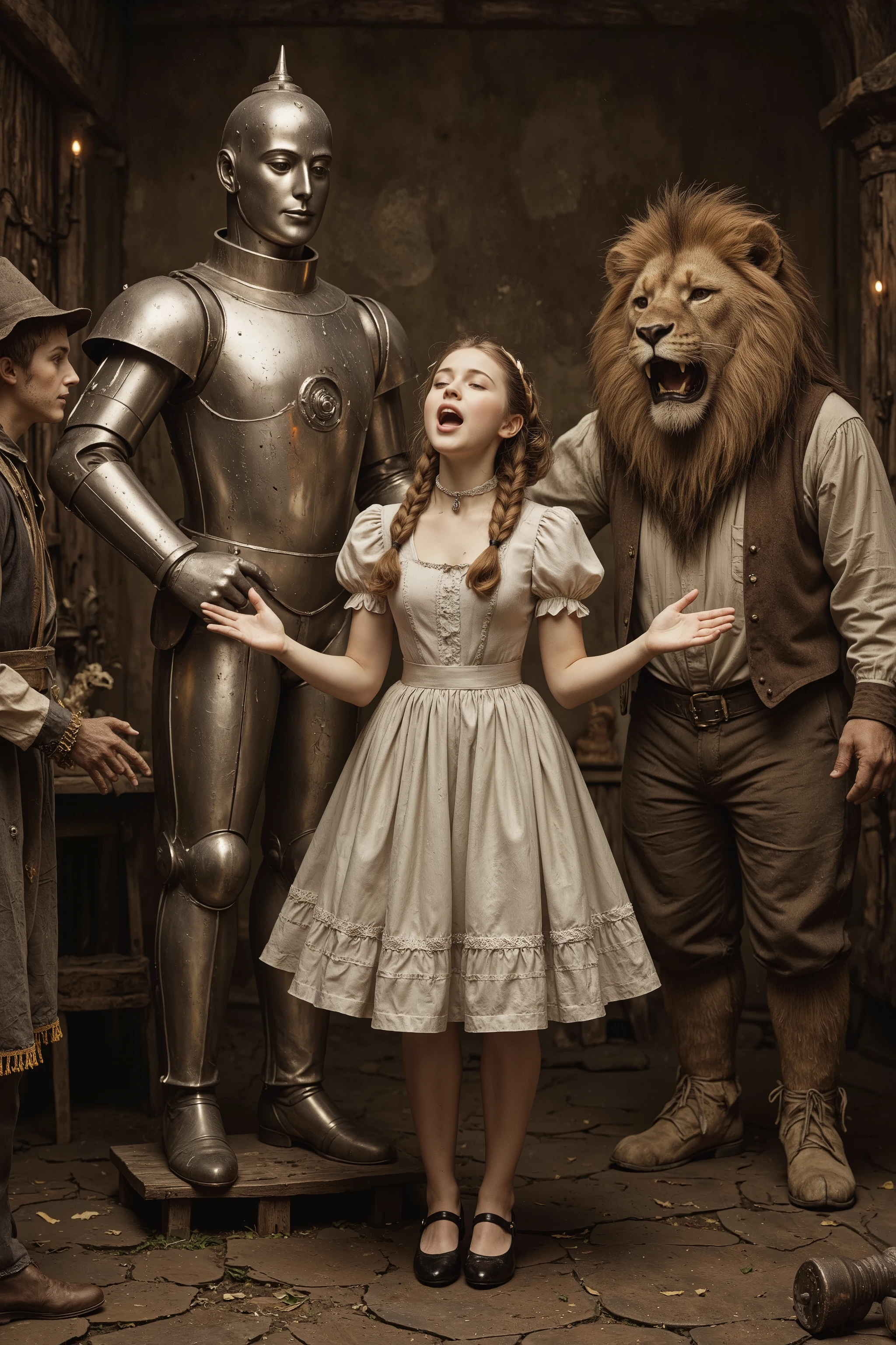 Dorothy sings passionately in front of her friends,,
antqgldnCE style, Pussy,
nsfw,
for Adult,
Photorealism,
((A scene from a live-action movie)),
Incredibly detailed,
19th century photo, antique photo, sepia toned photo,
Dorothy has long hair in a braid,
The Tin Woodman is tall,
The Cowardly Lion is very big,
Full body shot,
Dorothy is singing standing on a small platform,
Dorothy sings without a microphone,
The Tin Woodman and the Scarecrow and the Cowardly Lion are listening to Dorothy's song,
It's Dorothy's little music festival,