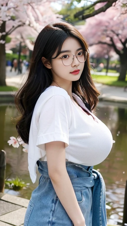 A gorgeous and distant girl，having a ponytail，wearing casual shirt and hot pants，thick thighs，fleshy thighs，revealing her thighs，big natural breasts，huge round breasts，busty young girl，supermodel figure，perfect body，teen，wearing glasses，sitting on the podium