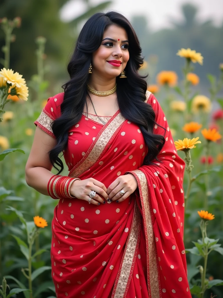 Beautiful Indian women wearing red sarees very big size boobs and very big size ass cute face standing in garden only 1 girl not fat