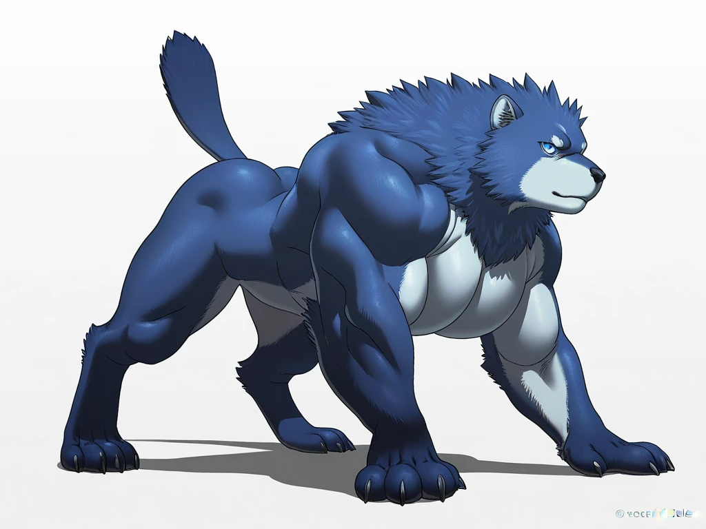Garurumon, full body, feral:1.1, quadruped, standing, posing, fangs, high quality, yellow eyes, big eyes:1.1, detailed eyes, muscular, pectorals, by wfa, by rossciaco, by seibear, by fabfelipe, purple claws, big paws, no background, white background, celshaded art style, big paws, wolf tail