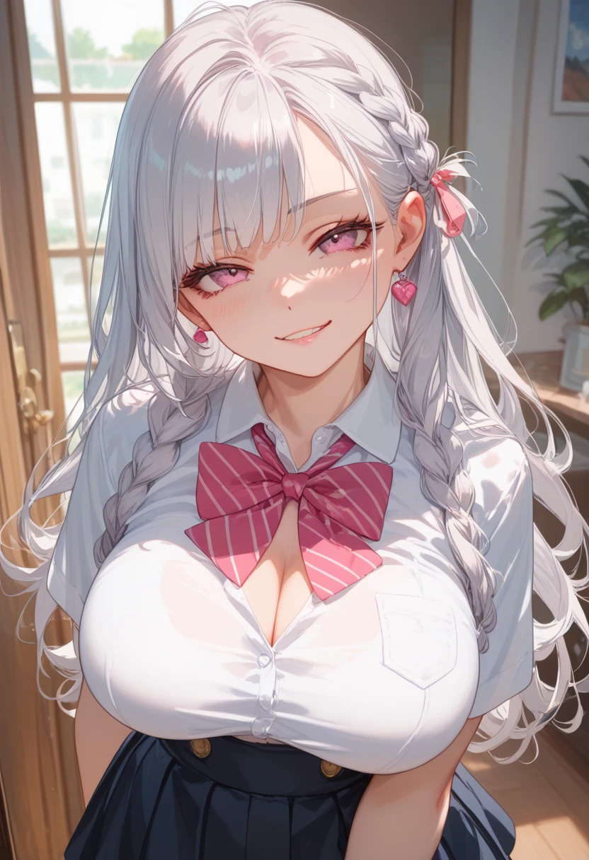 high resolution,smile,happy,light smile,woman,woman1人,adult,Clear,cute, blunt bangs,White Hair,BREAK, Pink eyes,BREAK,wavy hair,long hair,BREAK, ((looking at viewer)), Nurse uniform,Nurse cap,BREAK,Facing forward,BREAK,Pink background, BREAK,