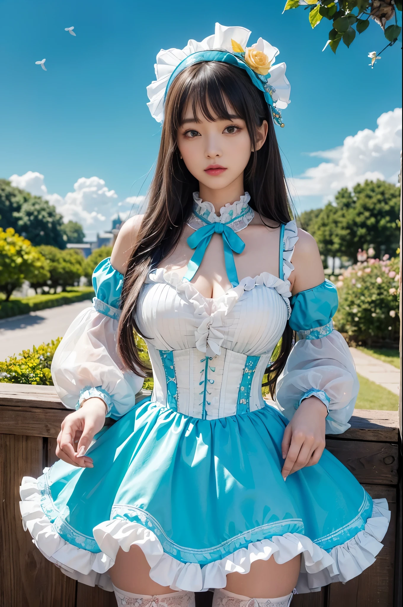 ((1 solo girl)), (((full body photo)))), ((realistic soft lighting)), ((realistic)), (beautiful face:1.1), long straight platinum black hair, detailed eyes, lush lips, 28 years, (sexy attractive figure), (large breasts), (neckline), (tight abs), (thick hips) 4K, HDR, DSLR photoshoot, professional photography, detailed texture, light purple lipstick, purple nail, light blue eye, american girl, lolita, light blue and white lolita outfit,  on the high hill with beautiful trees and flowers, open sky with sun, by day, smiling --auto --s2