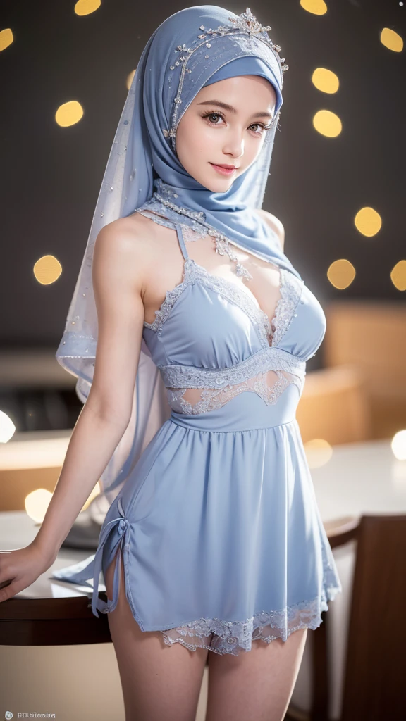Full body,Hyper realistic, Beautiful, cute Face, 18 Years old russian ta Girl, (wearing hijab), Detailed sexy seethru light blue lace kebaya dress, open breast, breast out, nude, nipples, small Rounded Breast, luxury necklace, White Skin, Dark City Background, mid shot, upper body, Perfect Potrait, Bokeh Effect, Look at Viewer, Armpit, Perfect Eye, Perfect Hand, Perfect Finger, Bracelet, Ring, (small breast), ((adorable:1.2)), ((masterpiece:1.1)), ((bokeh:1.2)), (dynamic seducing pose), seductive smile, flirting eyes,spread legs,lying in table