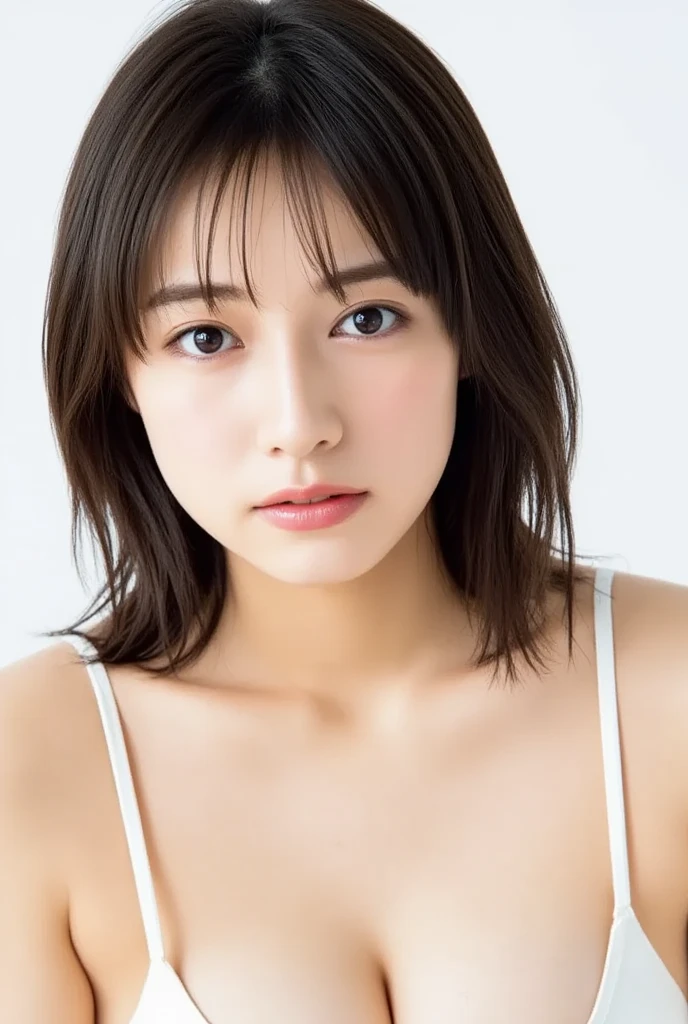 1girl, 25years old woman, (perfectly detailed face), (((Tank tops))), Small breasts, medium breasts, large breasts, cute face, beautiful face, ((looking at viewer)), Simple Background, ((white background)), ((white wallpaper)), White skin, (bright lighting:1.2), perfect lighting, photorealistic, (bokeh), UHD, anatomically correct, highres, masterpiece