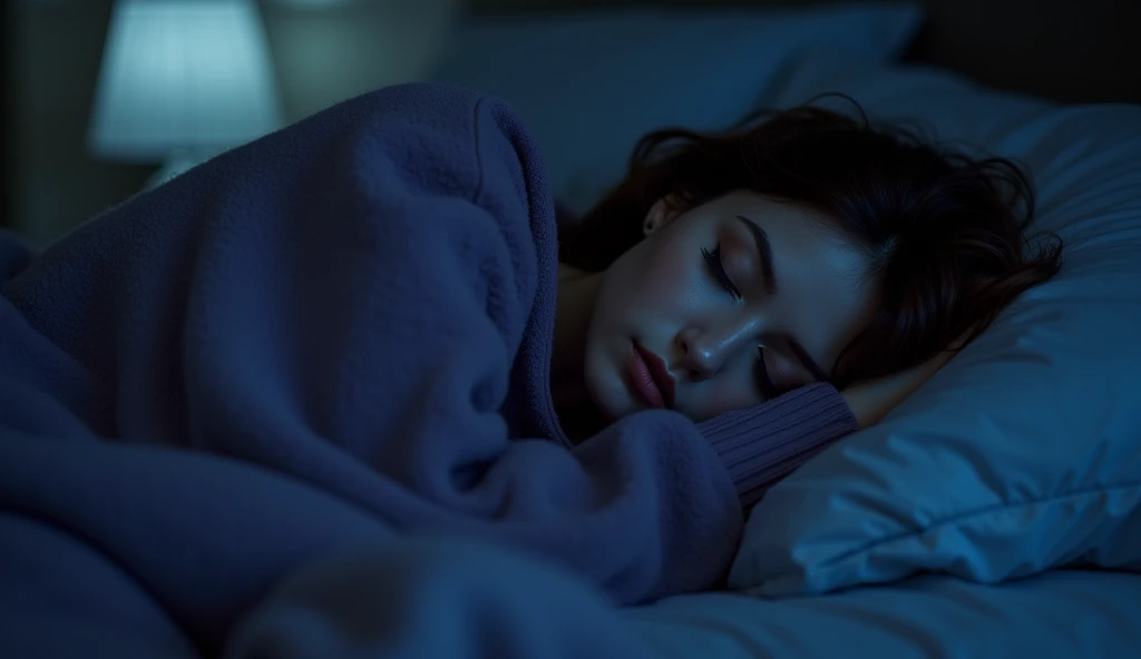 A woman sleeps with a blanket on a bed, next to a window with a stove, at night.