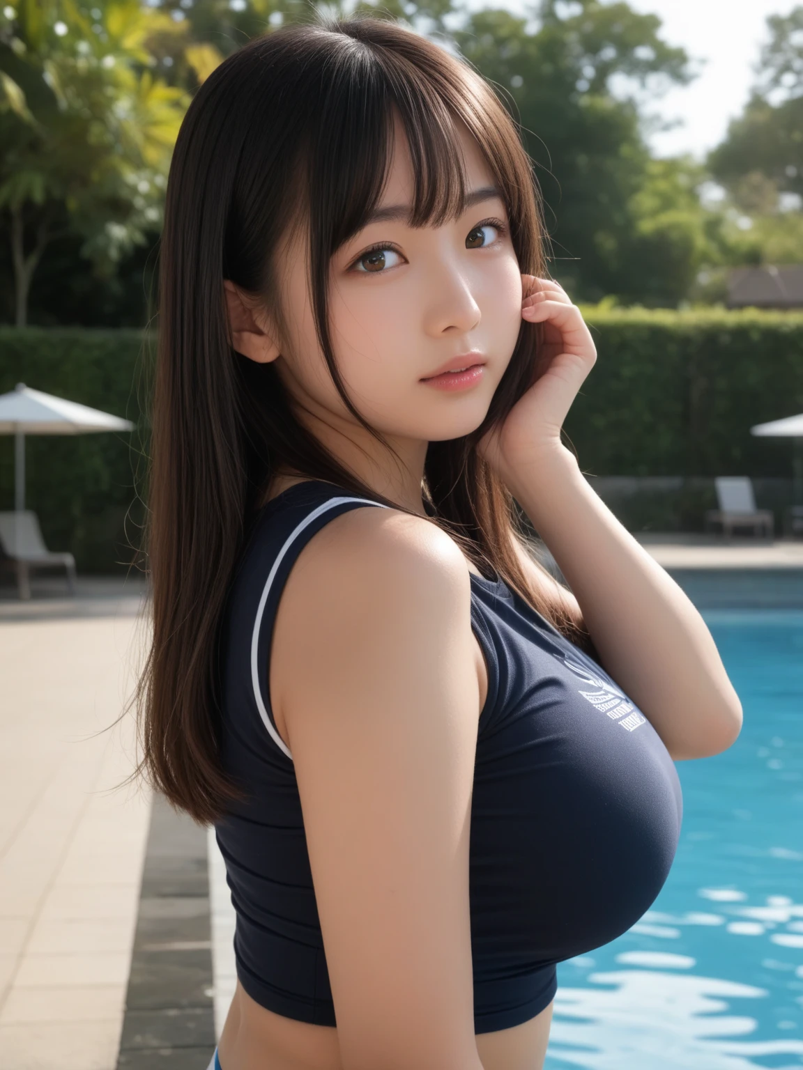 ultra highres,(reality: 1.4),highest quality, masterpiece, high detail, 16K quality, beautiful, 1 beautiful girl,japanese,super beautiful face,baby face,japanese idol face,cute face,super detailed face,detailed hand,beautiful skin,sweaty skin,big eyes,big smile,profeccional lighting,medium hair, black hair,brown beautiful eyes, gym uniform,school gym buruma,standing,spreag legs,medium breasts,puffy nipples,high socks,she is looking at the camera,pool side,blue sky,nsfw,from below,