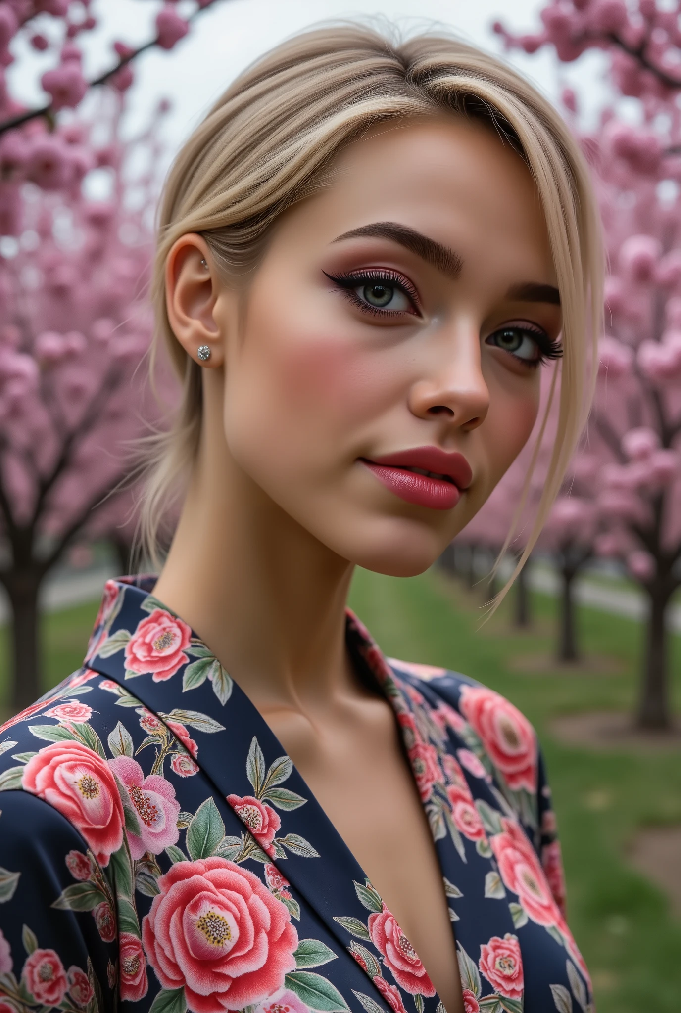 Divide Ratio : 1,1,1 Base Ratio: ((portrait)),beauty (mixed girls) in (highly detailed 32k absurd art of a ((girl 18-year-old)) ),fashion supermodel,(best high quality real texture skin:1.3),((ebony skin female:1.2)),(best quality texture hair:1.4),BREAK,((short blonde hair ((slicked to the side)) extremely detailed:1.3)),((outside,an orchard of blooming cherry trees:1.3)),(best high quality:1.4),(photo realistic:1. 5),(Hyperrealism:1.5),(sharp focus),(highest resolution),((soft neon lighting on the face and body)),(perfect proportions),(anatomically correct),(perfect female body:1.4),(firm normal full breasts:1.3),slim face,beautiful cheekbones,((slim,swell-muscled body:1.24)),(Super beautiful face),(realistic face),(highly detailed face:1.5),(ultra detailed eyes), finely detailed face,finely quality eyes,(tired and sleepy and satisfied:0.0),(close up of a woman's eye with a digital rendering),realistic eyes,perfect round eyes,finely detailed pupils,(brown_eyes:1.28),BREAK,detailed lips:1.3,pink_makeup:1.3, long_blue_eyeliner:1.35, (red_lipstick:1.32),perfect dark_eyeshadows:1.35, there a close up of a woman's, (super detailed makeup on eyes:1.3), iridescent eyes, with professional makeup, vibrant eyes:1.2, (Detailed nose:1.2),BREAK,((super extravagant ((cut kimono cute)) wear)),small head:1.4,BREAK,makeup:1.22,BREAK,/(random u%u top:1.13),/exquisite balance of shadows,perfect composition,((upper body shot:1.3)),(((look at the viewer))), Hasselblad, 50mm f/2.2