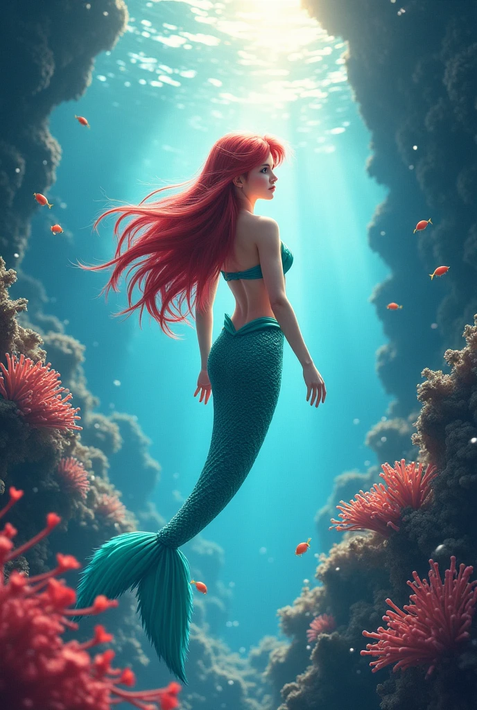 masterpiece, best quality, HD, Delicate texture, Mermaid Princess, Mermaid tail, Mini Crown, Fantasy Art,Long flowing red hair, Sparkling scales, Ocean background, Coral Reef, Sunlight shines through the water, Vibrant colors, Movie Lighting，Looking at the camera