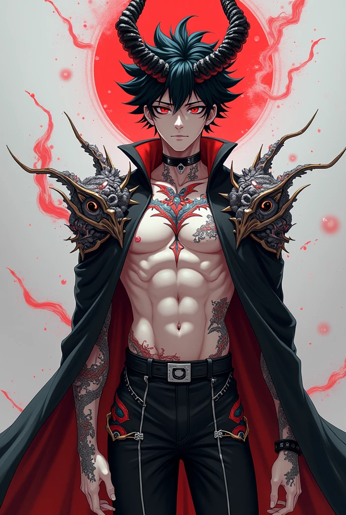 anime boy, A powerful half-demon character, ((with black and white hair)), ((red demonic eyes)), ((and intricate dragon tattoos)), black pants, emerging from a smoky, dark environment, ((blood-red accents)), intense expression, sharp focus, high detail, fantasy world, dark background, clean design, epic, artstation, colorful paint splatter, silhouette, hyper detailed intricate details, unreal engine, fantasy, splash screen, complementary colors, deviantart masterpiece, oil painting, heavy strokes, paint dripping, indifferent expression