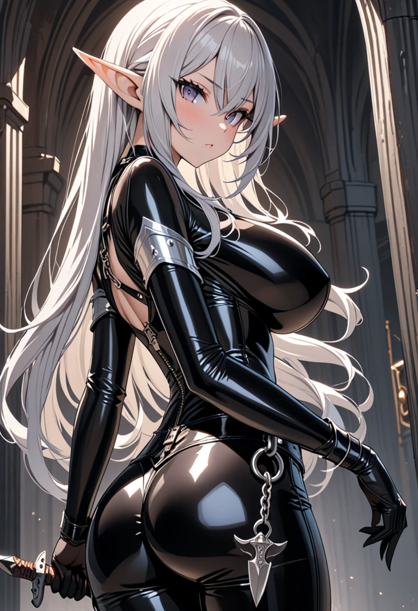 Glaring, dark elf, princess, , chained slave collar, tight revealing clothes, slave room