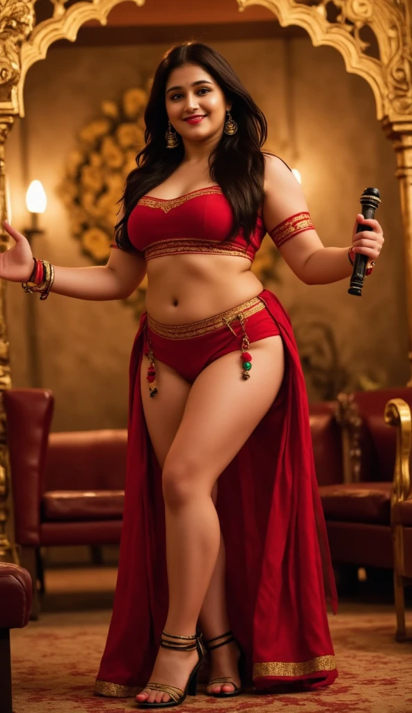 fair woman wearing a dark maroonish puce brown belly dance top and loincloth showing deep cleavage big breasts hot aunty body in depth of field night club background