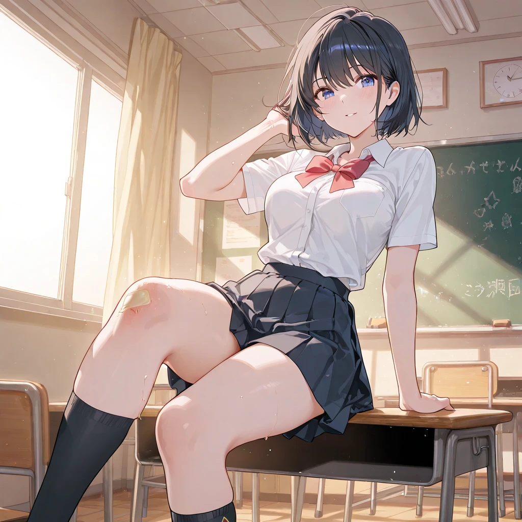 (((((Dildo on the floor:1.5, standing, spread legs:1.5, Point your knees outwards:1.5 ) behind head,spread legs, Push your hips forward,pussy juice , Voluptuous body, Slut、No pants, (Dildo on the floor, standing, spread,arms behind head, Point your knees outwards:1.5, Sweat,)))), Realistic composition, Doujinshi scene,, Big Thighs, Pleated skirt, White Shirt, Angry face, blush, from below