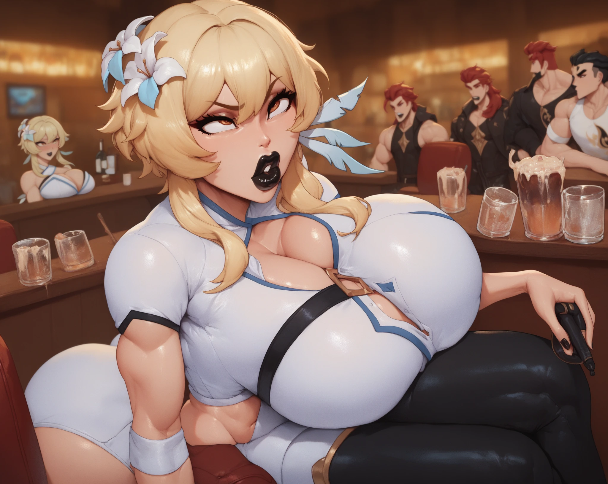 score_9, score_8_up, score_7_up,score_6_up, score_5_up, score_4_up , (hyper breasts:1.5), large areolae, 1girl, solo, HolliW, holliw, makeup, blonde hair, bangs, side locks, thick eyebrows, hair between eyes, makeup, White Dress, White leotard, see-through, white choker, thigh boots, breasts apart, sitting,crossed legs, bar \(place\), neon lights, light particles, annoyed, half-closed eyes, dim_lighting,