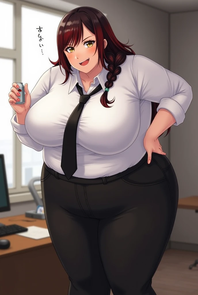 ((high aesthetic, art by BetterWithSalt)), 1girl, aqua blue hair, hair in a bun, blue eyes, black pencil skirt, dress shirt, (pantyhose), cute smile, (fatblob), (wide_hips), (huge belly), (cowboy shot), fancy office background with lots of windows, (best quality, masterpiece)
