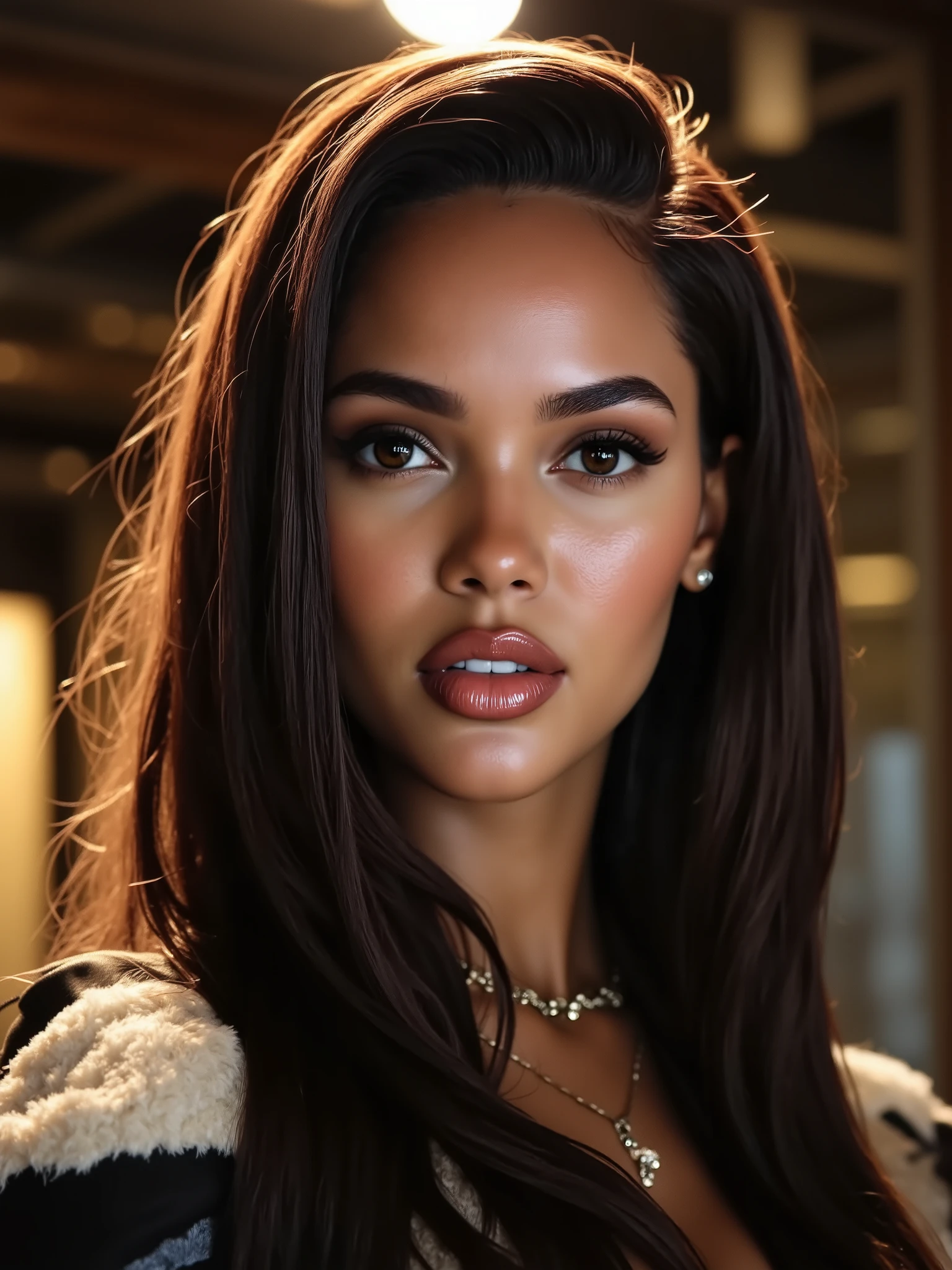 A portrait of a woman, (makeup:1.4), amazing body, (fit body:1.2), latex outfit, highly detailed fur, long hair, natural skin texture, 4k textures, detailed belly, Highly detailed perfect , Lightroom, Intricate, Ultra-Realistic, Out There, (HDR:1.3), UHD, (Intricate Detail, Hyper-Detailed:1.1), Cinematic, Photoreal, (Dark Shot:1.2), Dramatic, High Contrast, (Warm Color:1.1) , muted colors, master piece, elegant, sharp focus,